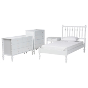 Baxton Studio Denita Spindle 4-Piece Bedroom Set - Farmhouse Platform Bed with Matching Dresser, Chest, and 1-Drawer Nightstand, White, Twin